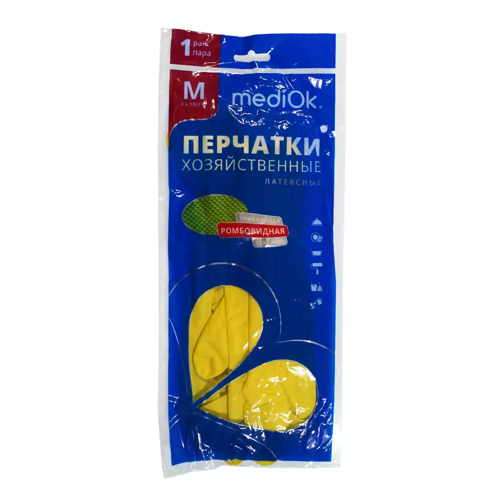 Перчатки MediOk хозяйственные, размер M, длина 300мм, латексные, вес 34гр, цвет желтый