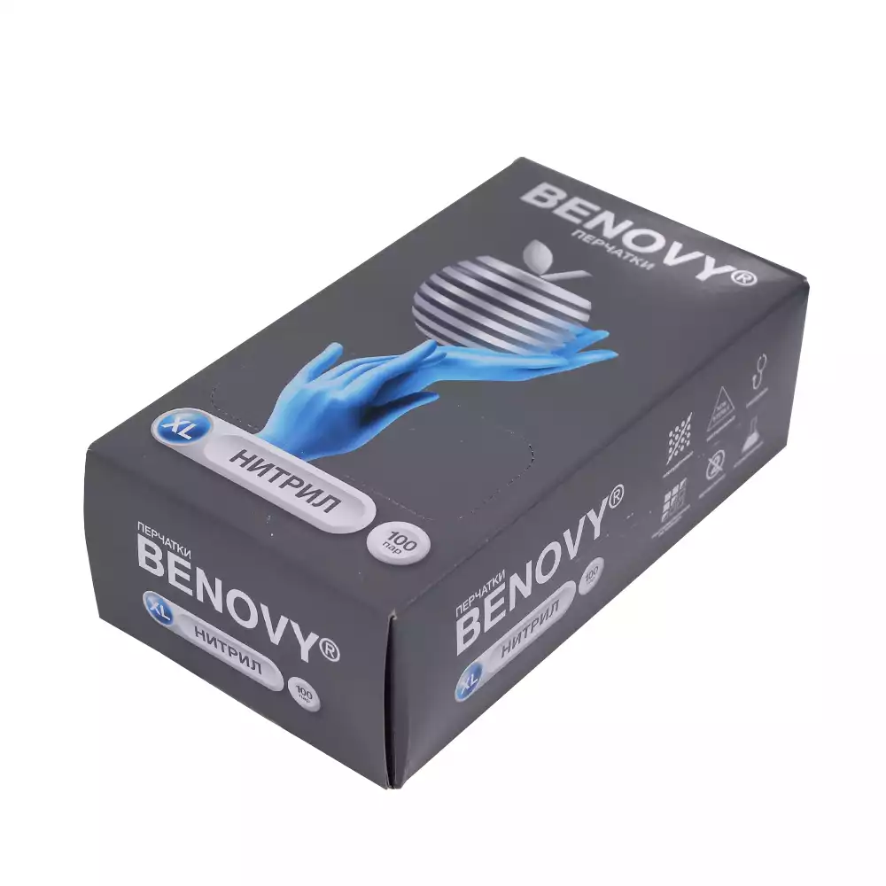 Перчатки BENOVY, размер XL, нитриловые, вес 6,0г/пара, неопудренные, текстурированные на пальцах, цвет голубой, нестерильные,упаковка 100 пар
