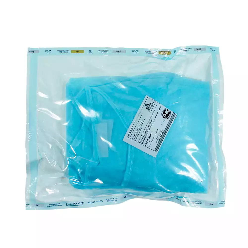 Халат хирургический ЕВРО, длина 140см, материал СМС 42/м2, размер 52-54, рукав на резинке, стерильный