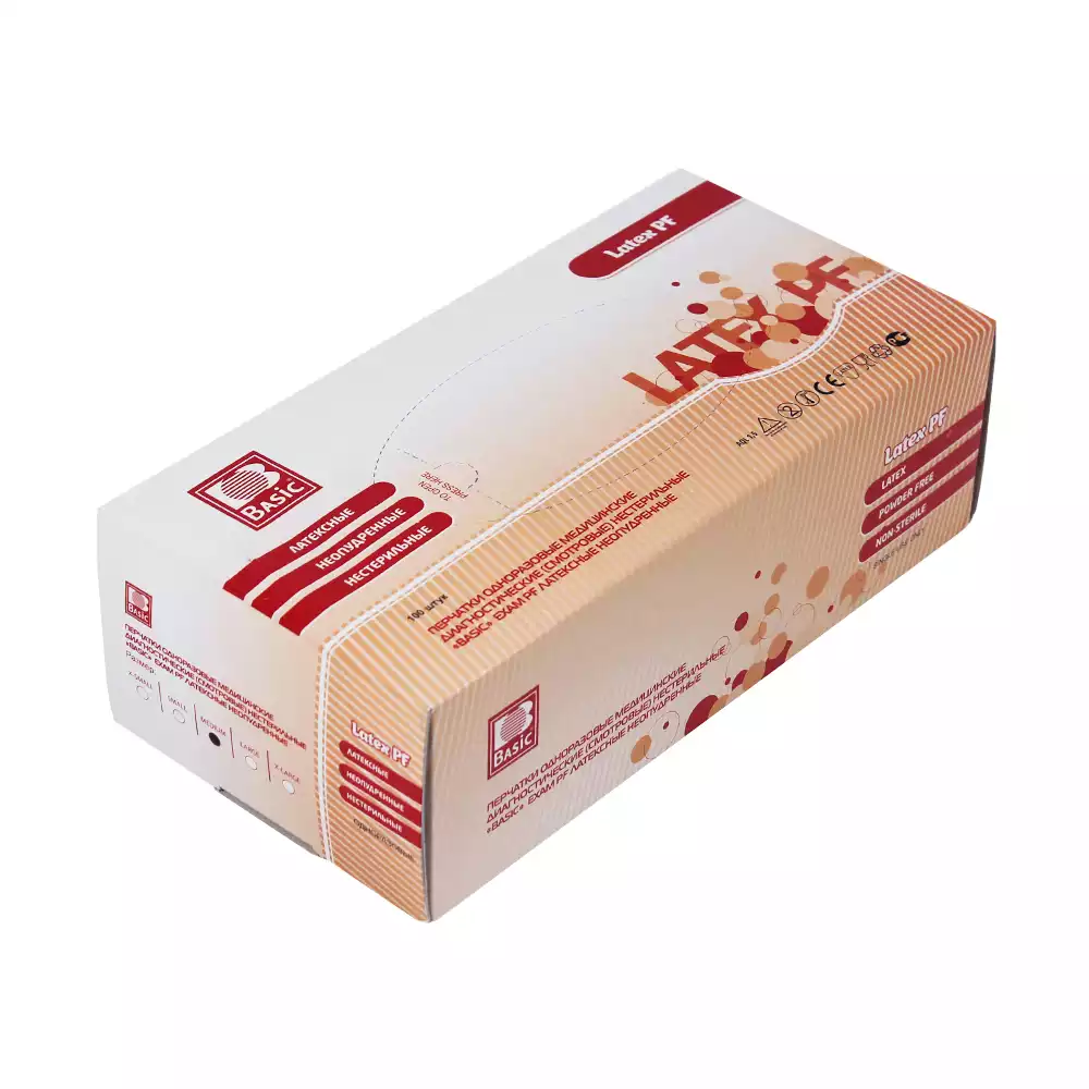 Перчатки BASIC EXAM PF, размер M, латексные, неопудренные, текстурированные, нестерильные, упаковка 50 пар