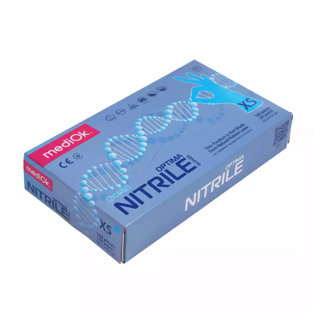 Перчатки mediOk OPTIMA, размер XS, нитриловые, вес 6,0г/пара, неопудренные, текстурированные на пальцах, цвет голубой, нестерильные, упаковка 50 пар
