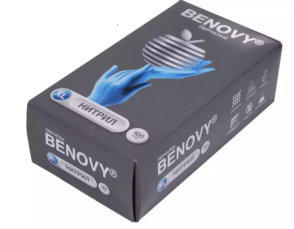 Перчатки BENOVY, размер XL, нитриловые, вес 6,0г/пара, неопудренные, текстурированные на пальцах, цвет голубой, нестерильные,упаковка 100 пар Малайзия